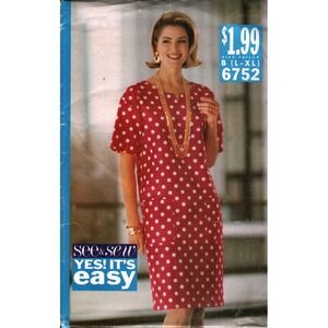 Vintage Butterick See & Sew 6752 Dress Pattern Size L-XL Retro 90s Shift Pocket